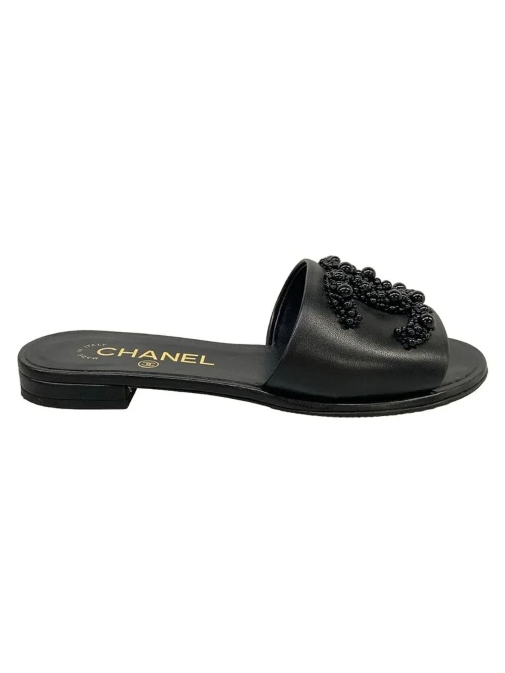 Chanel Sandals 35 C Black Beads CC Logo Open Toe Leather